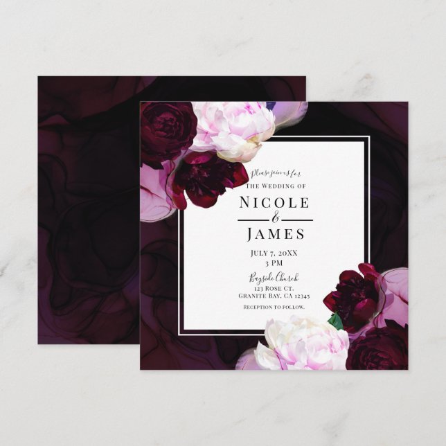 Convite Dark Wine Moody Floral Modern Elegant Glam Wedding (Frente/Verso)