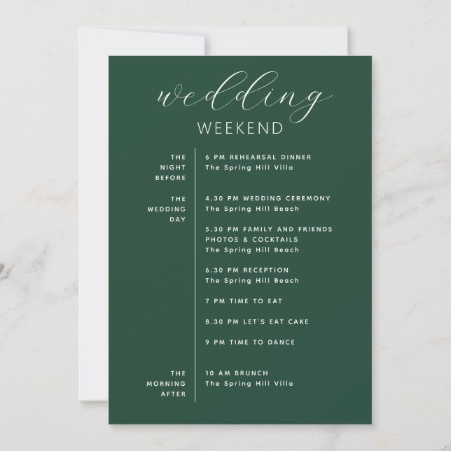 Convite Dark Woodland Green Wedding Weekend Schedule (Verso)