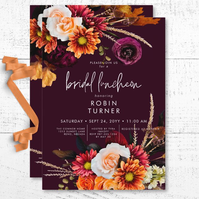 Convite Darset Boho Floral Burgundy Bridal Luncheon (Dark Russet Boho Floral Burgundy Bridal Luncheon Invitation)