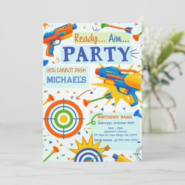 Convite Dart Gun Birthday Invitation (Em pé/Frente)