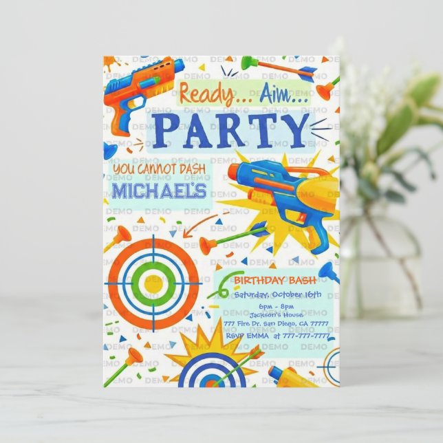 Convite Dart Gun Birthday Invitation (Em pé/Frente)