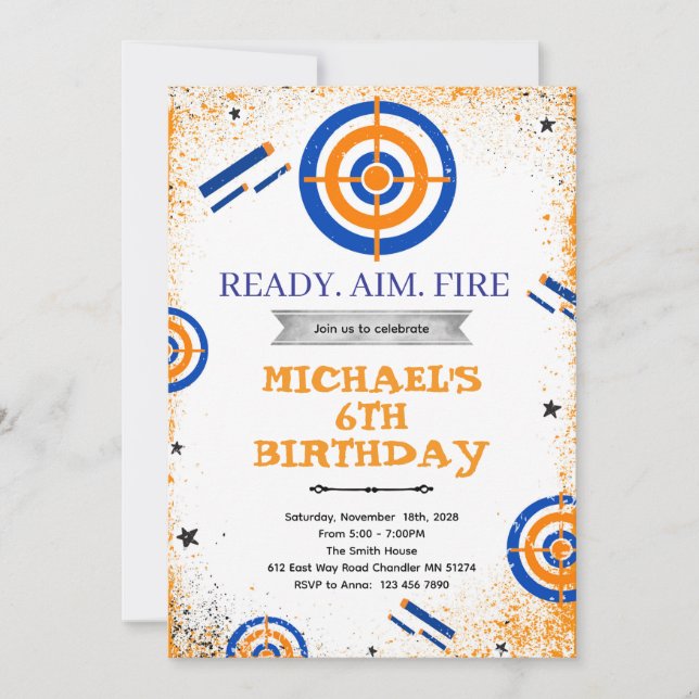 Convite Dart gun birthday party invitation (Frente)