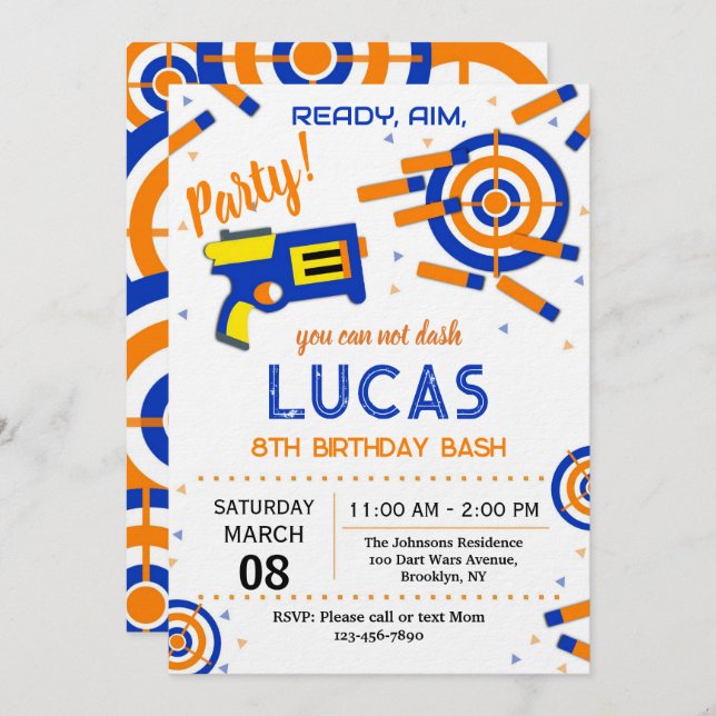 Convite Dart Party Birthday Invitation | Dart Gun (Frente/Verso)