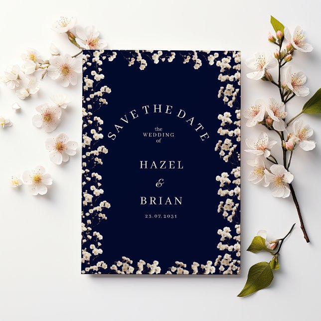 Convite Data de casamento botânica azul marinho e marfim g (Botanic navy blue ivory gypsophila Save the Date)