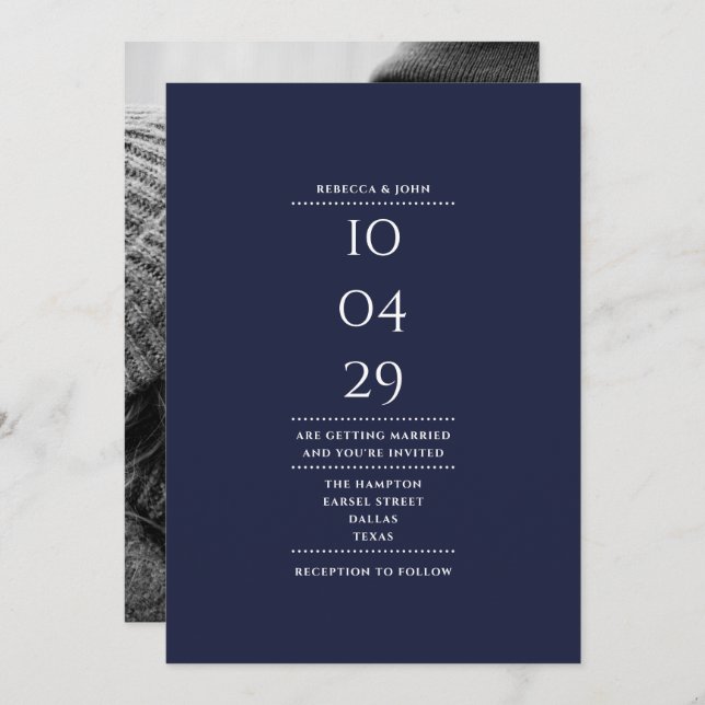 Convite Data de Casamento da Foto Azul do Marinho Minimali (Frente/Verso)