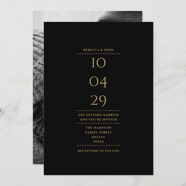 Convite Data De Casamento De Foto Dourada E Preta Minimali (Frente/Verso)