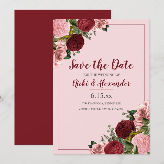 Convite Data de Casamento Floral Rosa Bege Borgonha (Frente/Verso)