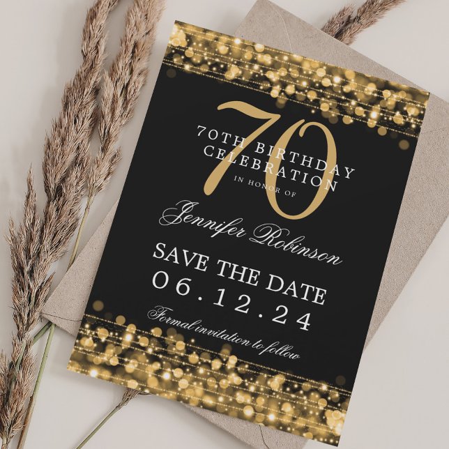 Convite Data de nascimento do 70 Dourado Salve a data (Gold 70th Birthday Save the Date Invitation)