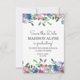Convite Data de Salvamento da Graduação Floral Púrpura Azu