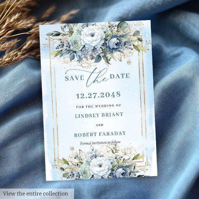 Convite Data de salvamento das flores Douradas brancas azu (Neutral Pastel Blue White Gold Flowers Save The Date)
