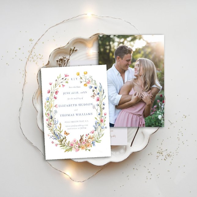 Convite Data de Salvamento de Foto Moderna do Jardim de Fl (wildflowers wedding save the date photo enchanted garden woodland forest butterfly rabbit whimsical)