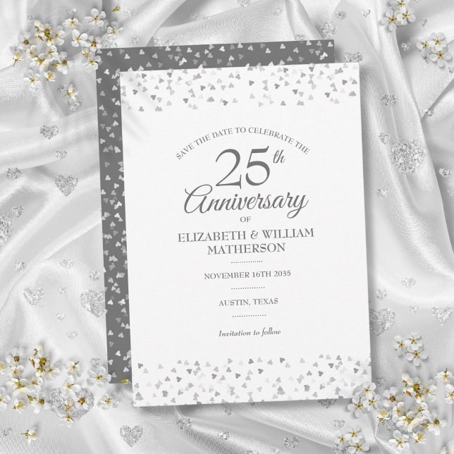 Convite Data de Salvamento do 25º Aniversário Corações de  (25th Anniversary Save the Date Silver Hearts Invitation)