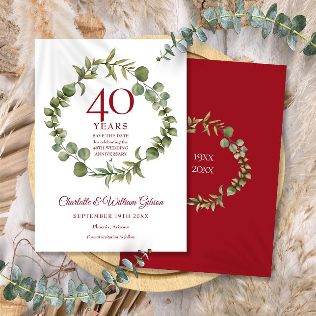 Convite Data de Salvamento do 40º Aniversário de Rubi com  (40th Ruby Anniversary Save the Date Greenery Invitation)