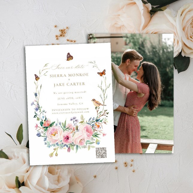 Convite Data de Salvamento do Casamento de Código QR Botân (garden wedding save the date photo QR code wildflowers roses enchanted woodland forest butterflies)