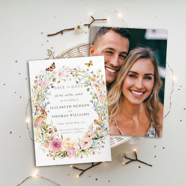 Convite Data de Salvamento do Casamento de Foto Chic em Fl (wildflowers wedding save the date photo enchanted garden woodland forest butterfly rabbit fairytale)