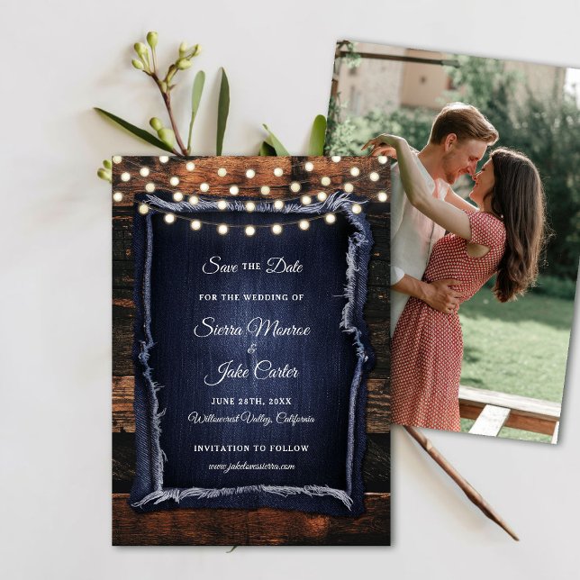 Convite Data de Salvamento do Casamento de Foto da Caligra (rustic wedding save the date barn wood denim string lights ranch country western calligraphy)