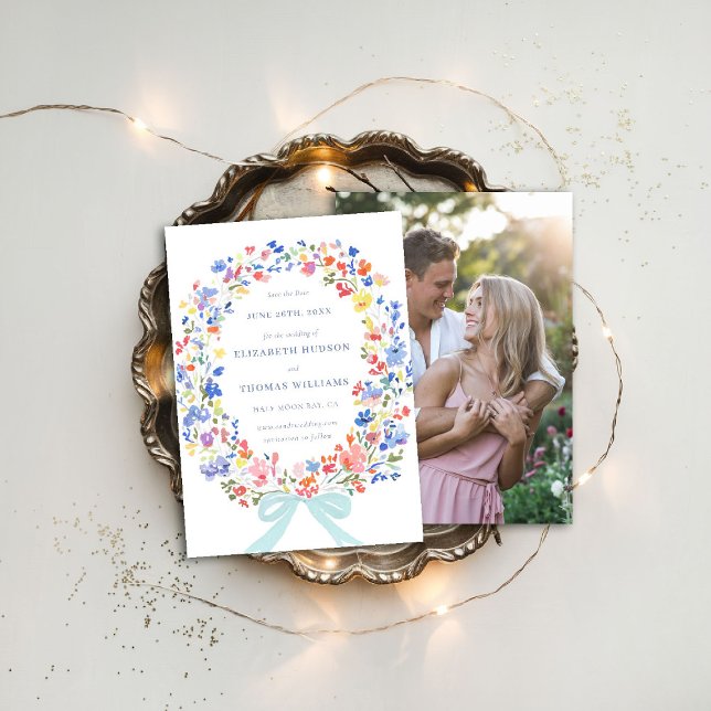 Convite Data de Salvamento do Casamento de Foto do Arco Az (wildflowers wedding save the date photo enchanted garden blue bow watercolor elegant rustic)
