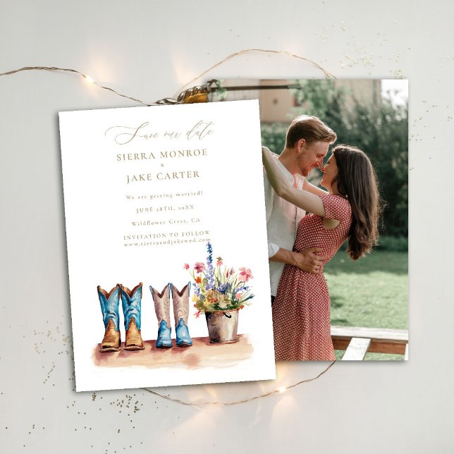 Convite Data de Salvamento do Casamento de Foto em Quadrin (rustic country western wedding save the date photo wildflowers fairytale barn ranch countryside chic)