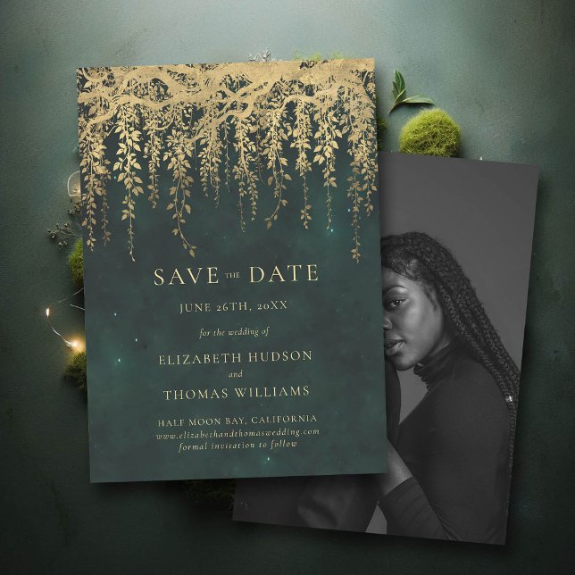 Convite Data de Salvamento do Casamento de Foto Greeneresc (wedding save the date enchanted forest fairytale gold vines typography)