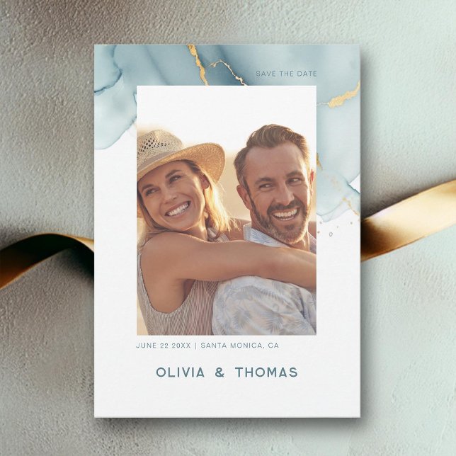Convite Data de Salvamento do Casamento de Praia Moderna D (dusty blue photo save the date gold beach waves elegant bohemian modern romantic summer all seasons)