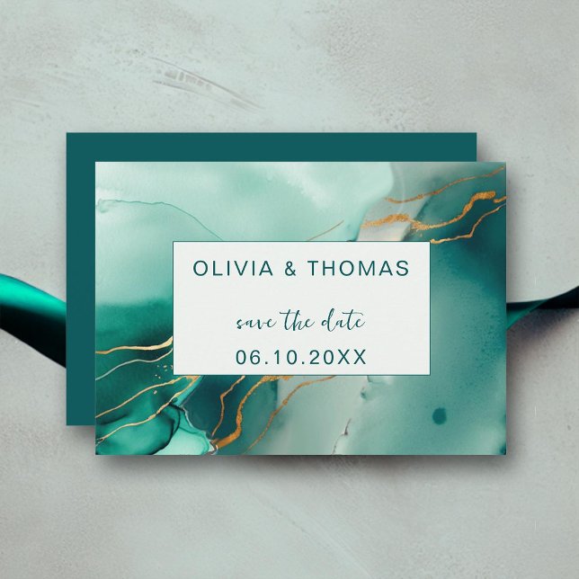 Convite Data de Salvamento do Casamento de Praia Simples e (modern minimalist emerald green gold wedding save the date beach summer elegant bohemian romantic)