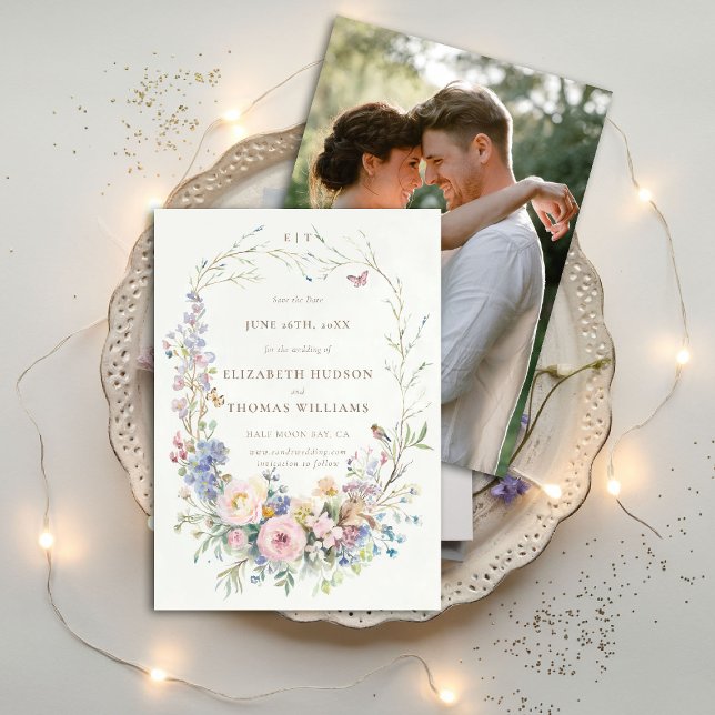 Convite Data de Salvamento do Casamento Elegante do Jardim (wildflowers wedding save the date photo enchanted garden woodland forest butterflies chic fairytale)