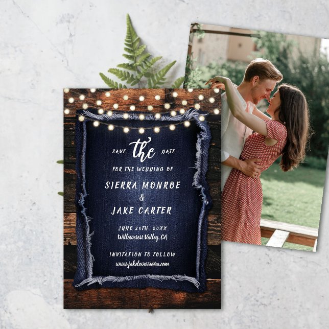 Convite Data de Salvamento do Casamento Fotográfico Escrit (rustic wedding save the date barn wood denim string lights ranch country western hand written)