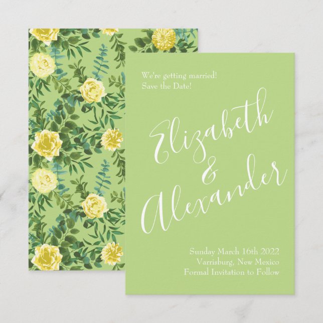 Convite Data de salvamento do casamento verde e amarelo cl (Frente/Verso)