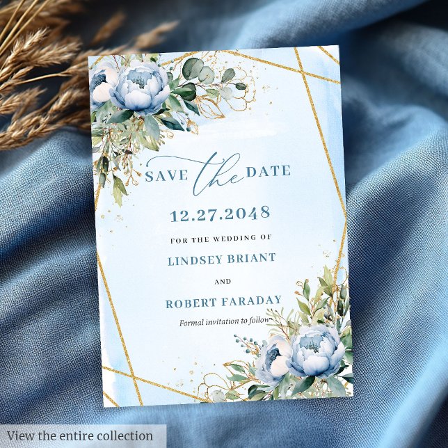 Convite Data Dourada Floral  Romântica Azul Pastel Azul (Romantic Pastel Blue White Gold Floral Save The Date)