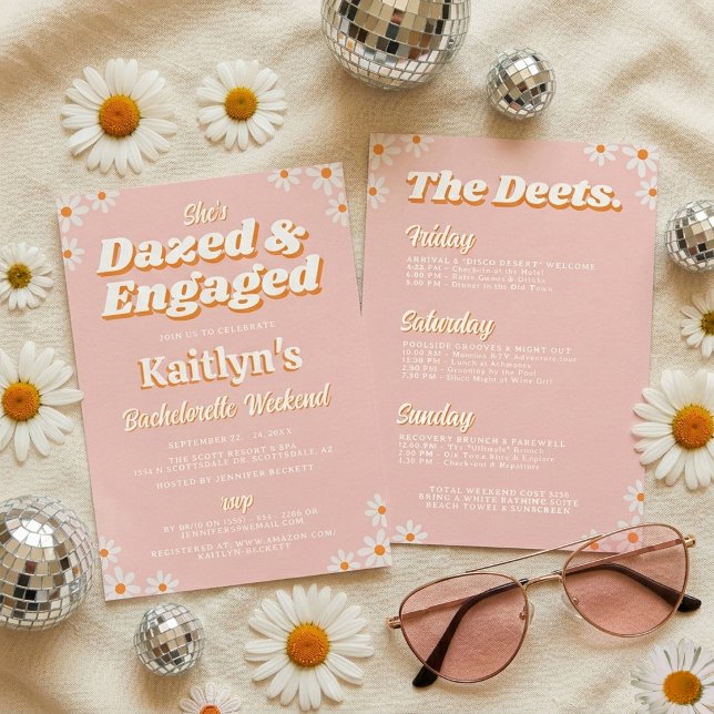 Convite Dazed & Engaged Groovy 70s Bachelorette Itinerary (Criador carregado)