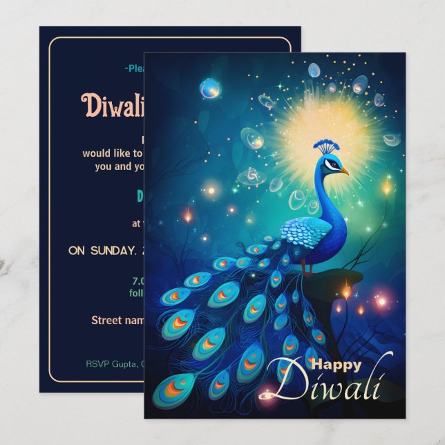 Convite Dazzling Diwali Delight: O verdadeiro 🦚 Peacock (Frente/Verso)