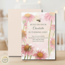 Convite de 1º Aniversário Aquarela Echinacea & Abe