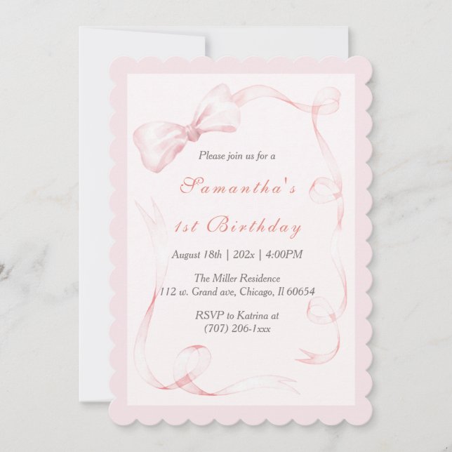 Convite de 1º Aniversário Arco Rosa Aquarela (Frente)
