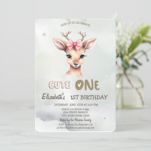 Convite de 1º Aniversário Bebê Veado Aquarela Verd