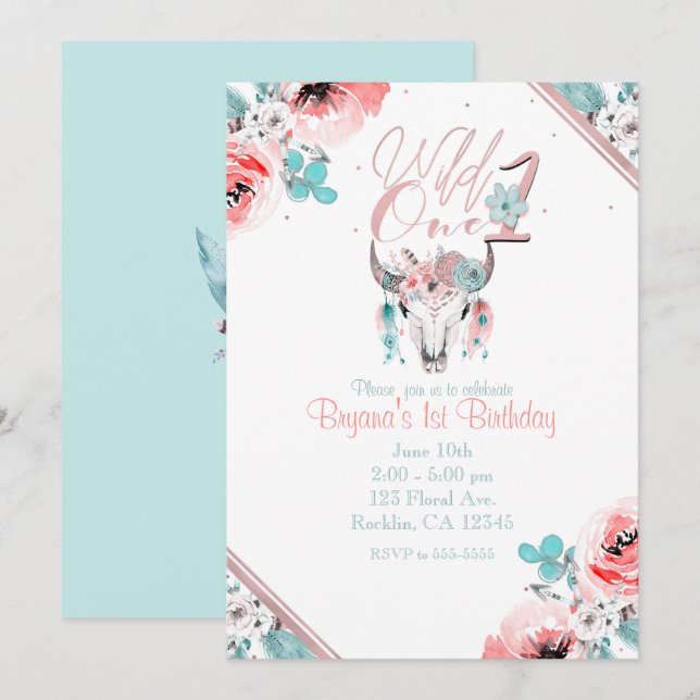 Convite de 1º Aniversário Boho Chic Floral WILD ON (Frente/Verso)