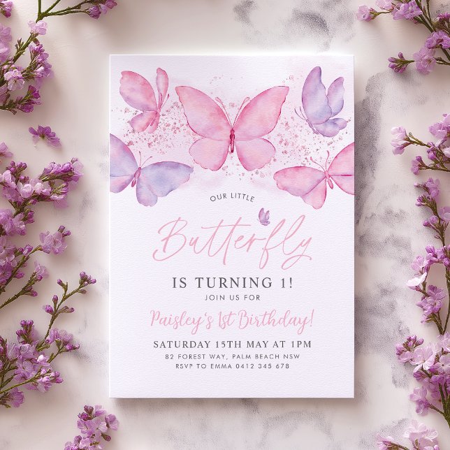 Convite de 1º Aniversário Borboleta Rosa Roxo Meni (Our little butterfly is turning 1! Pink Purple Butterfly 1st birthday design)