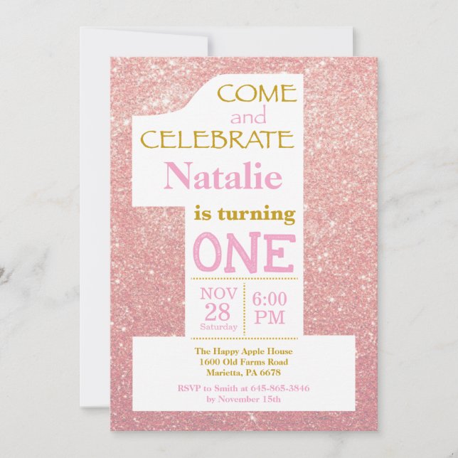 Convite de 1º Aniversário com Brilho em Rose Gold  (Frente)