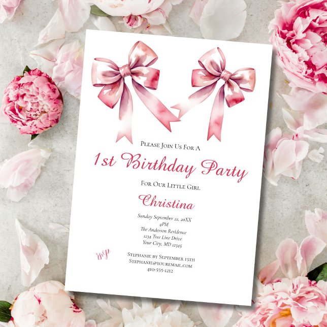 Convite de 1º Aniversário Coquete Menina com Laço  (Pink Bow Coquette aesthetic baby girl 1st birthday party invitation. Digital or printed)