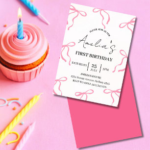 Convite de 1º aniversário Coquette com laço rosa