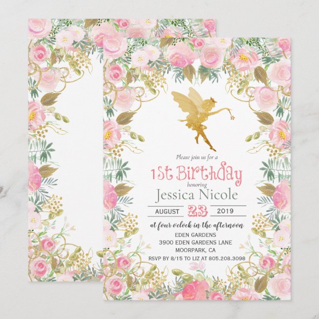 Convite de 1º Aniversário da Fada Floral (Frente/Verso)
