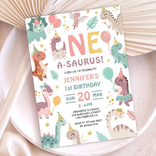 Convite de 1º Aniversário da Menina Boho Dinossaur