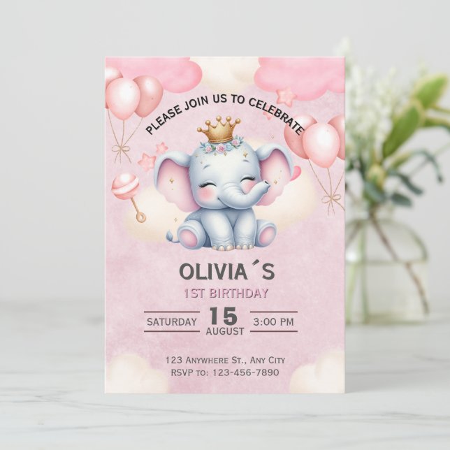 Convite de 1º Aniversário da Princesa Elefante Beb (Em pé/Frente)