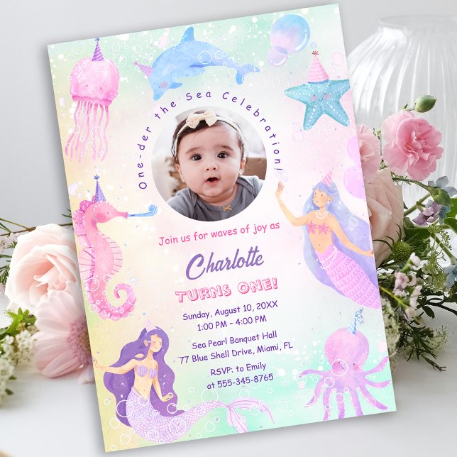 Convite de 1º Aniversário da Sereia Debaixo do Mar (Under the Sea Mermaid Girl 1st Birthday Invitation)