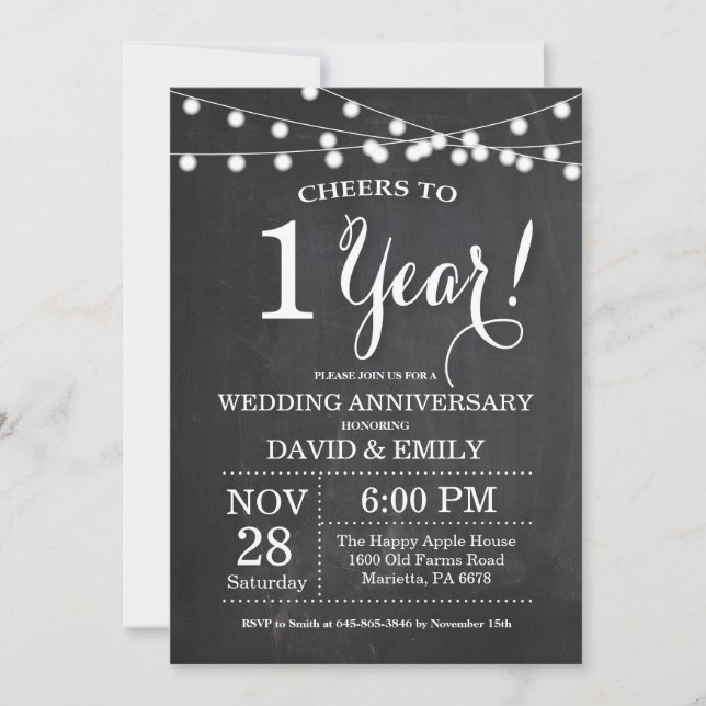 Convite de 1º Aniversário de Casamento Quadro Negr (Frente)