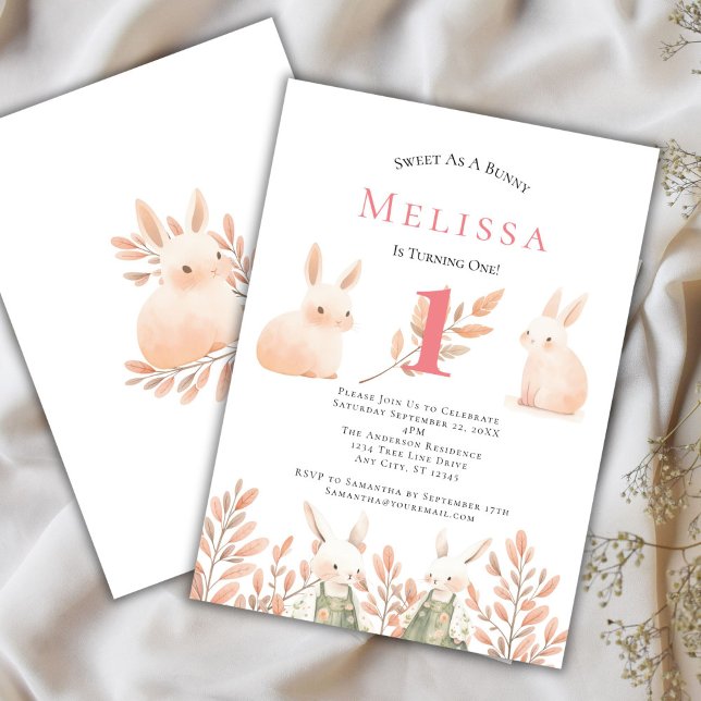 Convite de 1º Aniversário de Coelhinhas Fofas e Ad (Girls 1st Birthday Bunny Invitation)