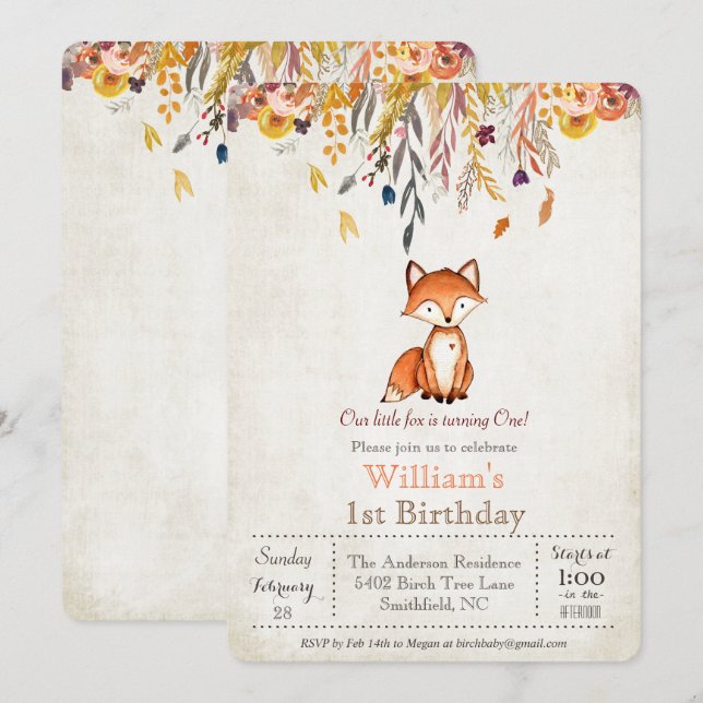Convite de 1º Aniversário de Little Fox Fall (Frente/Verso)