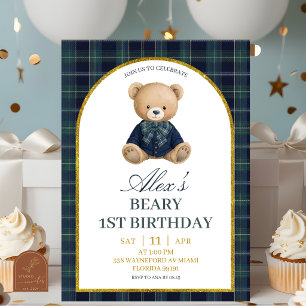 Convite de 1º Aniversário de Luxo Preppy Beary
