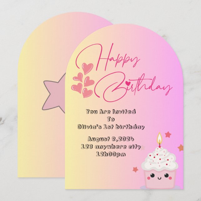convite de 1º aniversário de meninas em rosa (Frente/Verso)