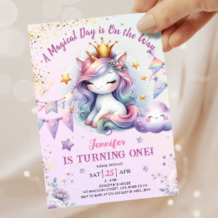 Convite de 1º Aniversário de Unicórnio Menina Rosa