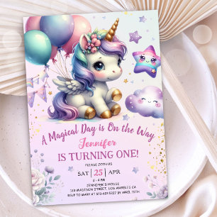 Convite de 1º Aniversário de Unicórnio Menina Roxo